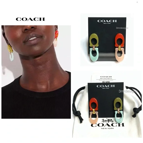 NWT COACH Signature C Logo 12-K Gold Plated Glass Crystals Resin Drop Earrings - Picture 2 of 10